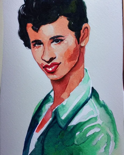Prompt: watercolor portrait of sandy from grease