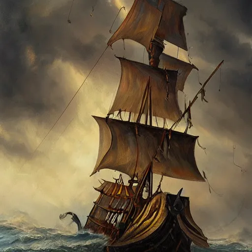 Prompt: a pirate ship in a thunderstorm, fantasy style, super high detail, super high quality, talented artist, tranding on artstation, oil painting