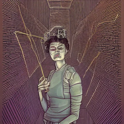 Image similar to A illustration. A rip in spacetime. Did this device in her hand open a portal to another dimension or reality?! dieselpunk by Alberto Giacometti, by Arthur Adams, by Sean Yoro dynamic, realistic