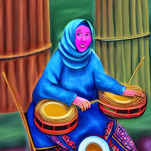 Image similar to a babushka playing drums, the drums look like bowls of oatmeal, digital art
