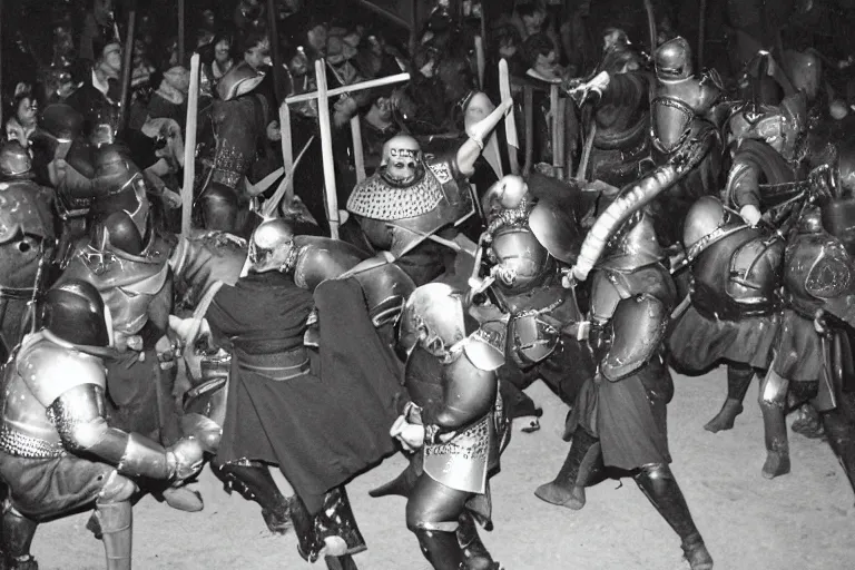 Prompt: a very old photo of duel in medieval times, mosh pit