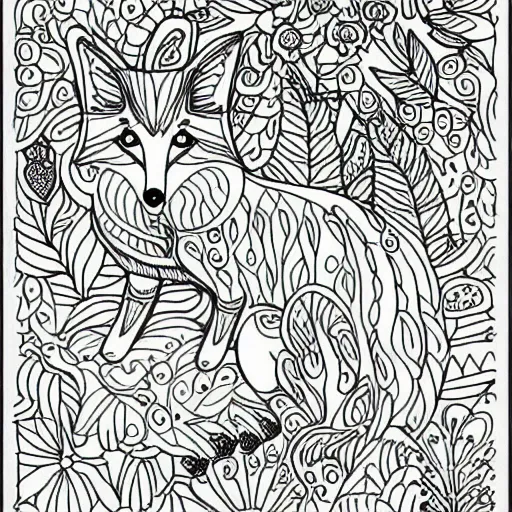 Prompt: an adult coloring page of a fox in an enchanted forest, simple detail