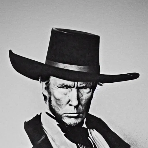 Image similar to an 1 8 0 0 s photo of donald trump playing the role of clint eastwood, squinting at high noon, in the style of a clint eastwood movie, the good, the bad and the ugly, clint eastwood, vibe, donald trump, glory days, justice, american flag, patriotism, apple pie, black and white, artgerm