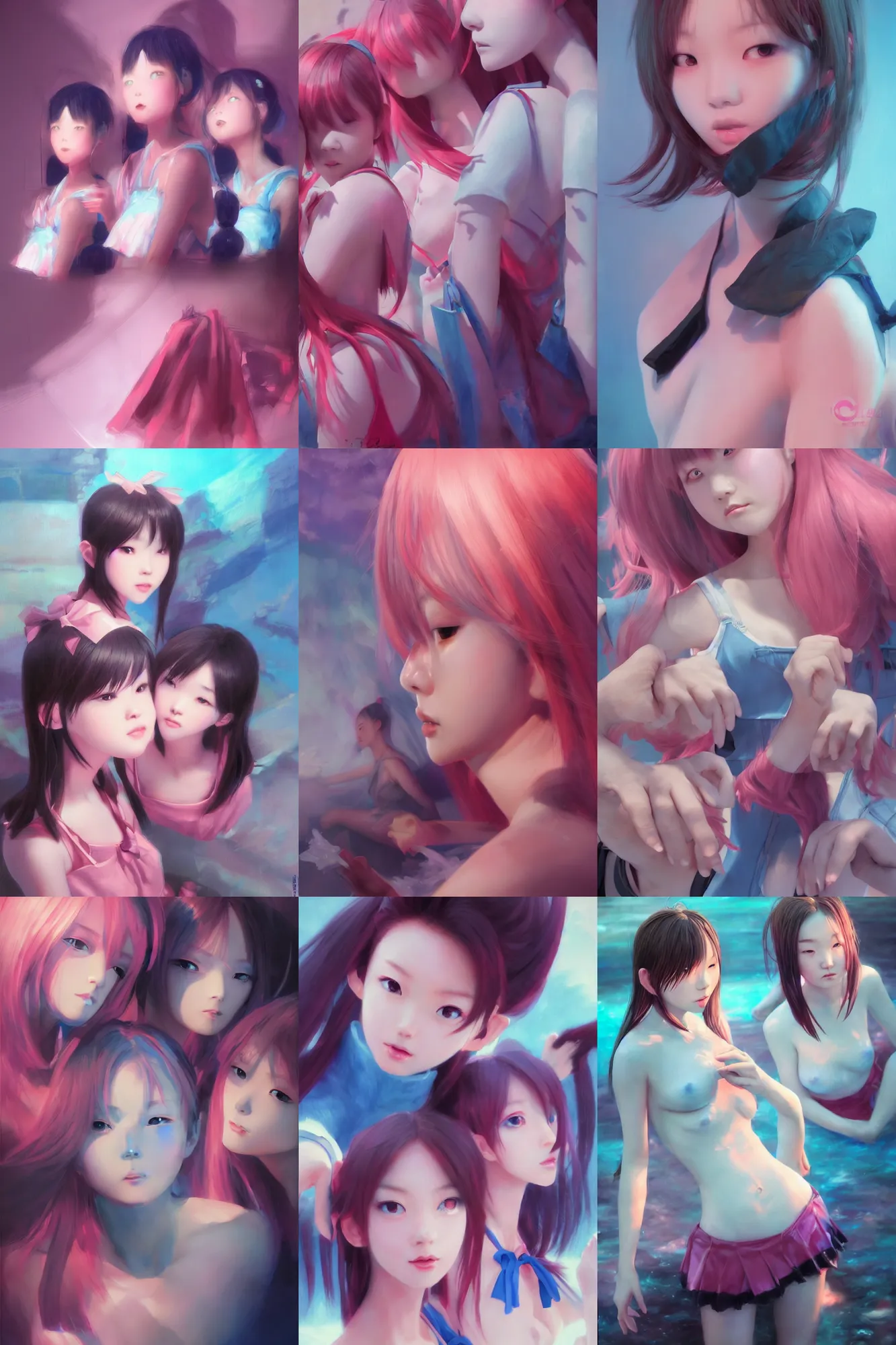 Prompt: 3d dark infrared octane render concept art by D. Jun, by Mo Xiang Tong Xiu, by Igarashi Daisuke, beauty portrait anime schoolgirls under dark pink and blue water. cute face. complex composition mirror. dramatic light, trending on artstation, oil painting.