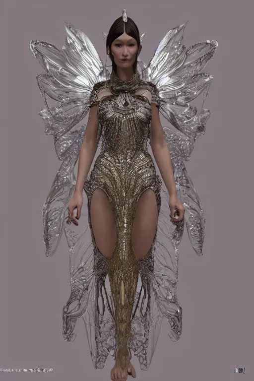 Prompt: a highly detailed 3 d portrait of a beautiful alien goddess bella hadid in iris van herpen dress schiaparelli in diamonds in style of alphonse mucha trending on artstation made in unreal engine 4