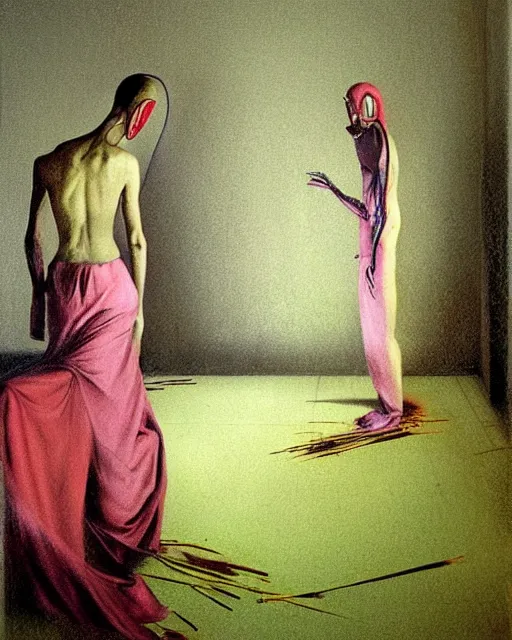 Prompt: Two skinny doctors wearing gas masks, draped in silky gold, green and pink, inside a ruined hospital room, the world is on fire, loss and despair, gothic, dark mood, in the style of Francis Bacon, !!!Esao Andrews!!!, Zdzisław Beksiński, Edward Hopper, surrealism, art by Takato Yamamoto and James Jean
