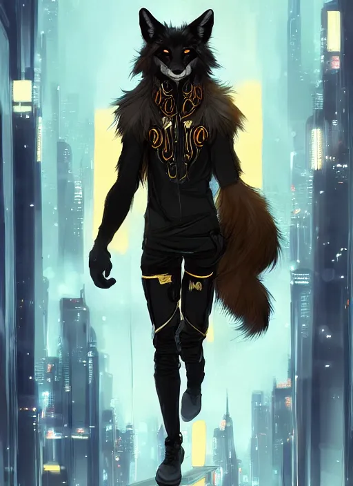 Prompt: award winning beautiful portrait commission of a male furry anthro melanated fox fursona with a tail and a cute beautiful attractive detailed furry face wearing stylish black and gold cyberpunk clothes in a cyberpunk city at night while it rains. Character design by charlie bowater, ross tran, artgerm, and makoto shinkai, detailed, inked, western comic book art
