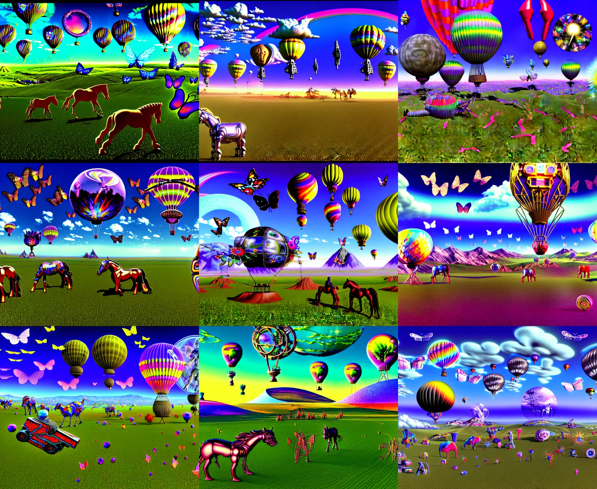 Prompt: 3 d render of cybernetic landscape with cyborg horses and hot air balloons with angel wings against a psychedelic surreal background with 3 d butterflies and 3 d flowers n the style of 1 9 9 0's cg graphics, lsd dream emulator psx, 3 d rendered y 2 k aesthetic by ichiro tanida, 3 do magazine, wide shot