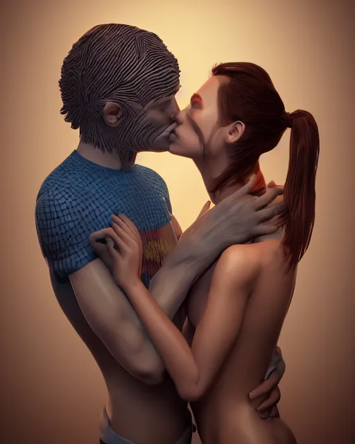 Prompt: 3 d render of kissing couple with profile picture by luis toledo and alex grey and beeple, neosurrealism. digital art, pixel art, concept art, octane render, trending on cgsociety, trending on artstation