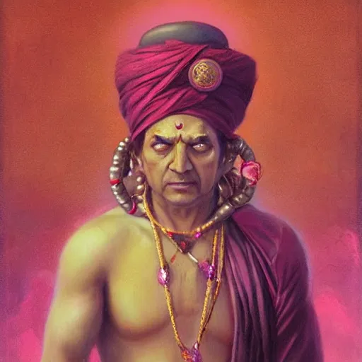 Prompt: wise old Indian guru, making fists, pink and gold, by Anato Finnstark, Tom Bagshaw, Brom