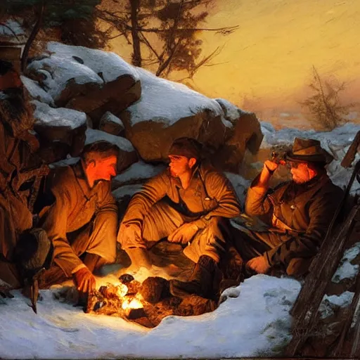 Image similar to civil war soldiers hunkering down in a trench in the snow, huddled around a small campfire for warmth at dusk. warm colors, hard angles, painting by gaston bussiere, craig mullins, j. c. leyendecker