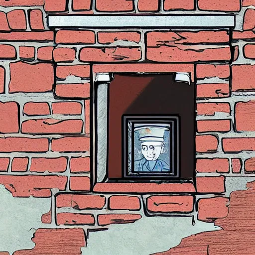 Image similar to award winning, detailed illustration of a hidden alcove built into the bricks on the side of the safe house. from within it, a crewmember could watch the street for signs of danger.