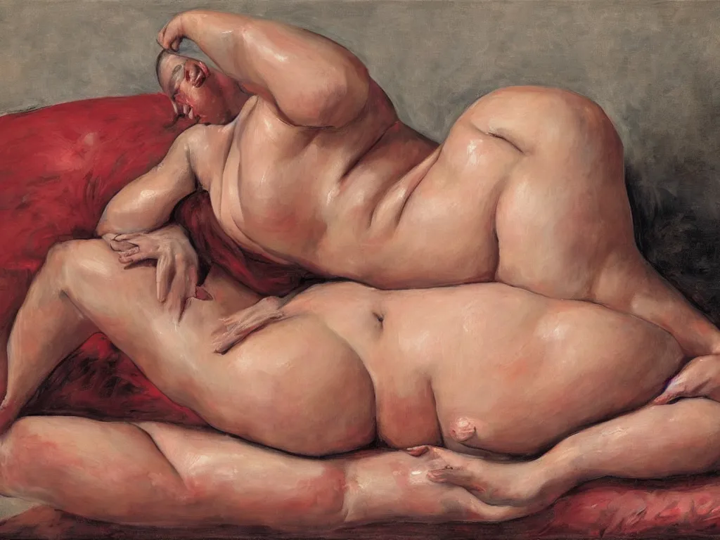 Image similar to Jenny Saville curvy female body on a red bed