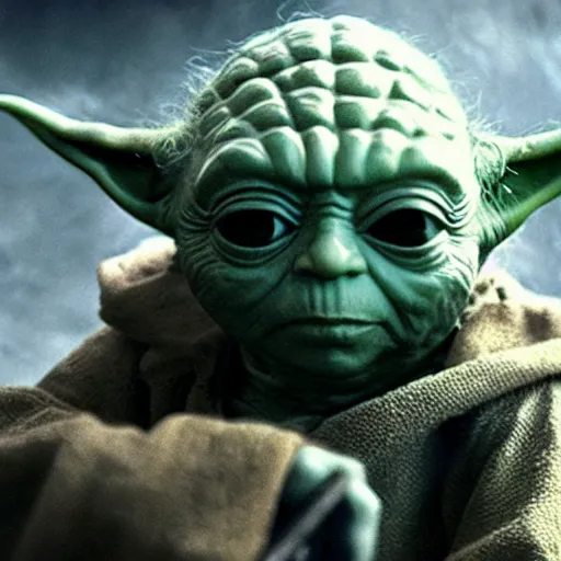 Image similar to a still of Yoda playing batman in the Batman (2022), sharp focus, detailed, centered,
