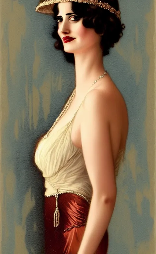 Image similar to portrait en buste flapper girl eva green, vesper lynd, vannessa ives, traditional corsican, intricate, highly detailed, artstation, illustration, jurgens, rutkowski, bouguereau, roaring 20s, 1920s gaudy color