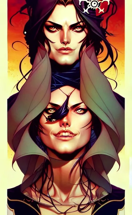 Image similar to artgerm, joshua middleton comic cover art, pretty pirate phoebe tonkin smiling, full body, symmetrical eyes, symmetrical face, long curly black hair, on a pirate ship background, warm colors