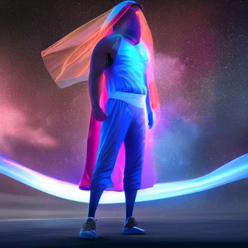 Prompt: a wide shot of an athletic beautiful young male with his whole body covered by a 1 0 meter long translucent iridiscent veil, floating dramatically in space, the veil moves with the wind, beautifull cosmic light, realistic detailed, unreal engine 5 digital art