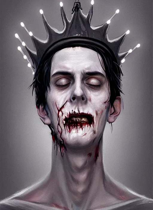 Prompt: portrait of zombie jughead jones wearing a light grey crown, photorealistic, zombie, crown, eyes closed, crown, black hair, intricate, elegant, glowing lights, highly detailed, digital painting, artstation, concept art, sharp focus, illustration, art by wlop, mars ravelo and greg rutkowski