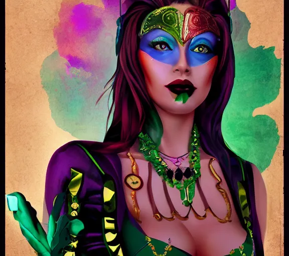 Image similar to beautiful female character inspired by new orleans mardi gras and pop art vampire bounty hunter | | digital artwork made by greg rutswork, anna dittmann and lois van barlee, symmetrical rim light, anatomically correct