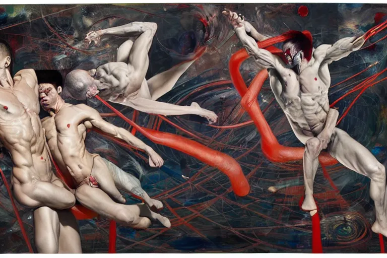 Prompt: muscular men entwined together, floating in space, zero gravity, inside a brutalist space ship, gothic, rich deep colours, painted by francis bacon, adrian ghenie, james jean and petra cortright, part by gerhard richter, part by takato yamamoto. 8 k masterpiece