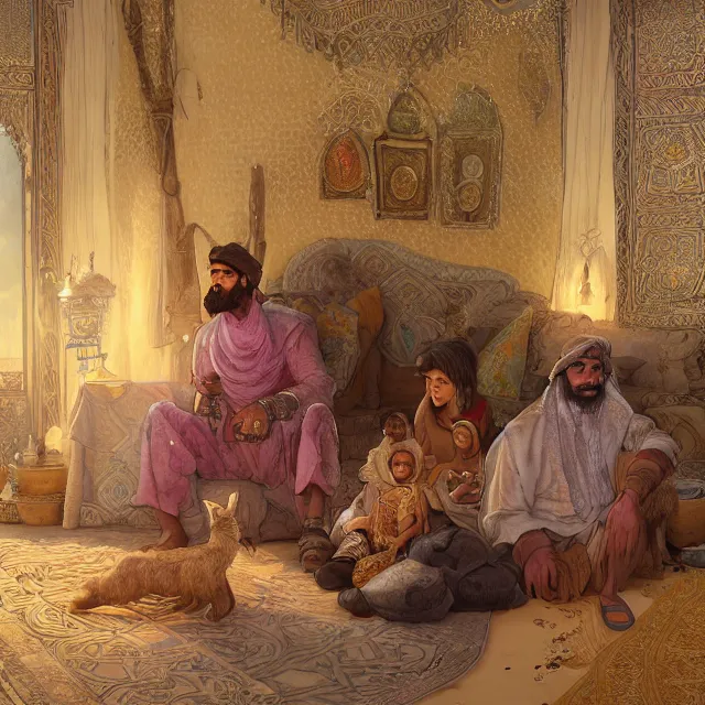 Prompt: bedouin father with a goatbeard and his family sitting in an arabic styled house, highly detailed, gold filigree, romantic storybook fantasy, soft cinematic lighting, award, disney concept art watercolor illustration by mandy jurgens and alphonse mucha and alena aenami, pastel color palette, featured on artstation
