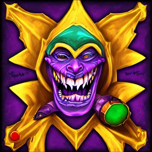 Image similar to a violet evil laughing jester, fantasy digital art, in the style of hearthstone artwork