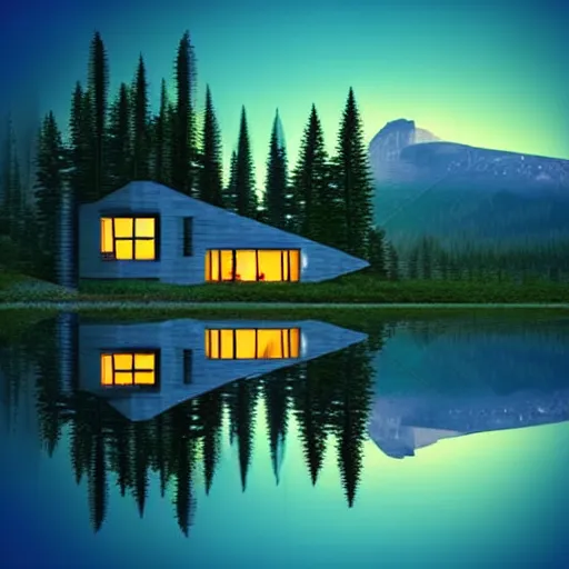 Prompt: small sci - fi cottage at the edge of a lake in the mountains, retro illustration on parchment, soft glowing windows, early evening, reflections, pine trees,