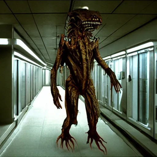 Prompt: 1 9 8 0 s sci - fi movie, still frame, skinned monster demon in hi - tech corridor, photorealistic