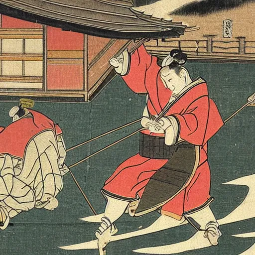 Prompt: 16th century Japanese illustration of the shogun on fire