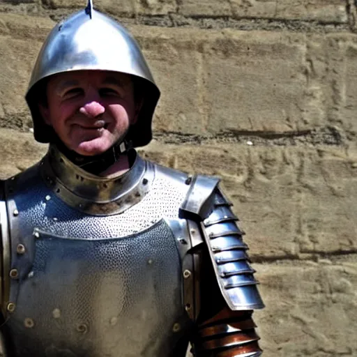 Image similar to medieval village idiot wearing full armor and war gear, no helmets