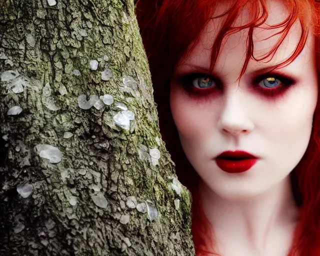 Image similar to award winning 5 5 mm close up face portrait photo of an anesthetic and beautiful redhead vampire lady who looks directly at the camera with bloodred wavy hair, intricate eyes that look like gems and long sharp fangs, in a park by luis royo. rule of thirds.