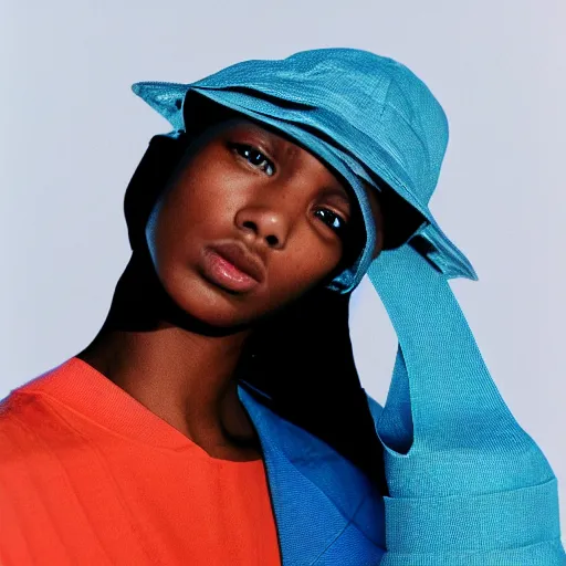 Prompt: realistic photoshooting for a new issey miyake lookbook, color film photography, portrait of a beautiful woman, model is wearing a bucket hat, photo in style of tyler mitchell, 3 5 mm,