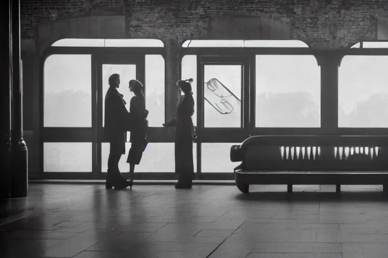 Prompt: couple in a glamorous old train station by Roger Deakins