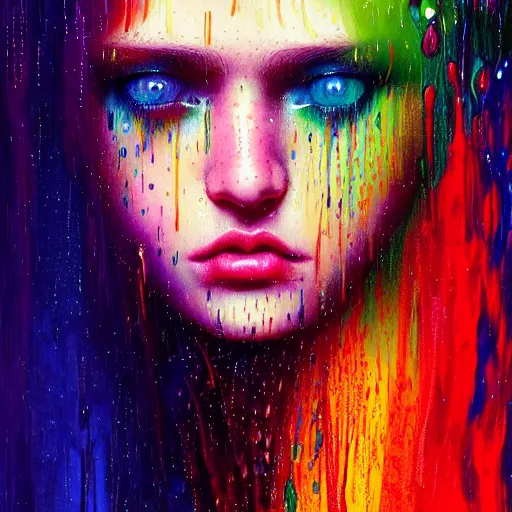 Image similar to portrait of girl in uniquely colored psychedelic rain with wet hair and face, fantasy, intricate, elegant, dramatic lighting, epiphany, highly detailed, lifelike, photorealistic, digital painting, artstation, concept art, smooth, sharp focus, illustration, art by John Collier and Albert Aublet and Krenz Cushart and Artem Demura and Alphonse Mucha