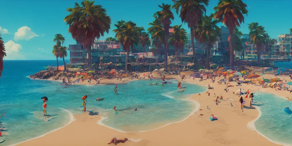 Image similar to a film still of a sunny and colourful beach scene in santa monica, los angelos, top shot, wes anderson, studio ghibli, pixar and disney animation, sharp, rendered in unreal engine 5, anime key art by greg rutkowski, bloom, dramatic lighting