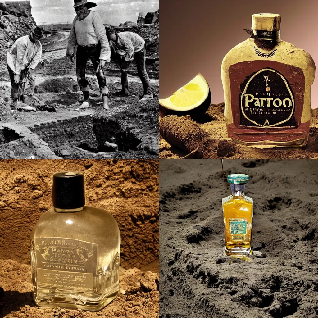 Prompt: an archaeological dig photo of an ancient bottle of Patrón tequila c. 1500BC