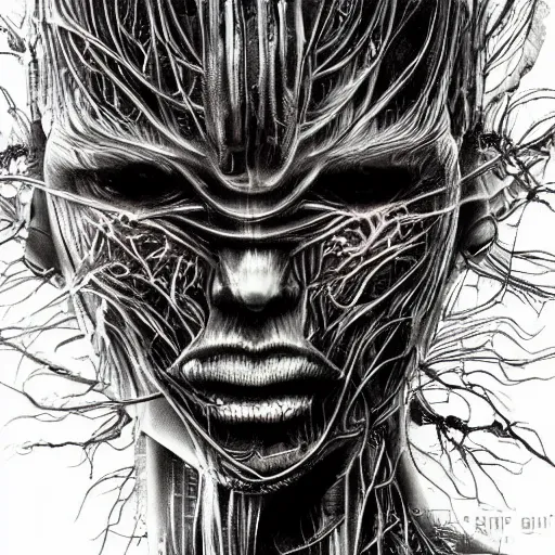 Prompt: organic android portrait by Yoshitaka Amano and HR Giger, very detailed, spooky, liminal