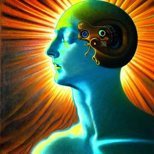 Image similar to realistic extremely detailed portrait painting of a glowing male silhouette, futuristic sci-fi landscape on background by Jean Delville, Amano, Yves Tanguy, Alphonse Mucha, Ernst Haeckel, Edward Robert Hughes, Roger Dean, rich moody colours, blue eyes