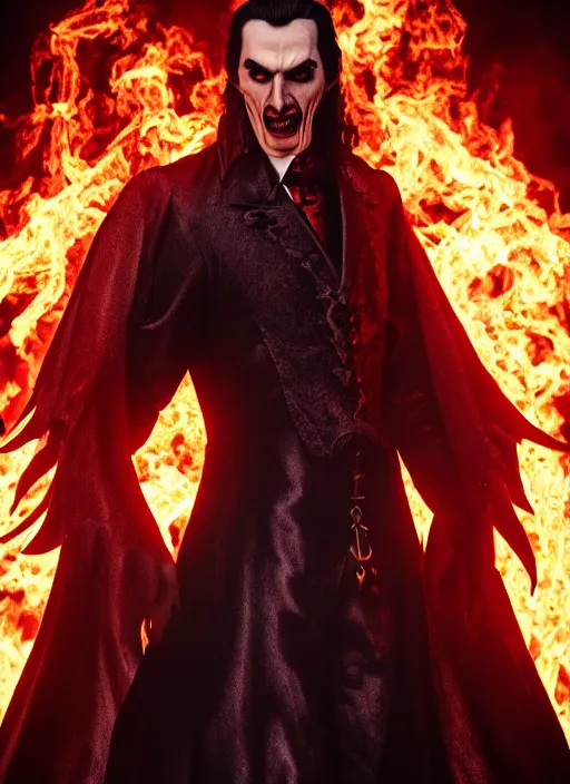 Image similar to dracula posing, flames, dark atmosphere, cinematic shot, intricate, ornate, photorealistic, ultra detailed, realistic, 1 0 0 mm, photography, octane, high definition, depth of field, realism, 8 k, artstation