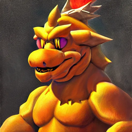 Prompt: An ultra realistic portrait painting of Bowser the Koopa King in the style of Frank Frazetta, 4k, Ultrarealistic, Highly Detailed, Dark Fantasy, Epic Lighting