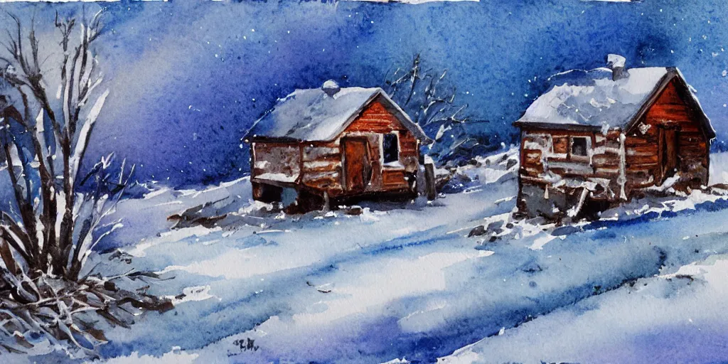 Image similar to a watercolor painting of a cabin in a snowy landscape, at night, painted by lars lerin, expressionism, messy snow storm