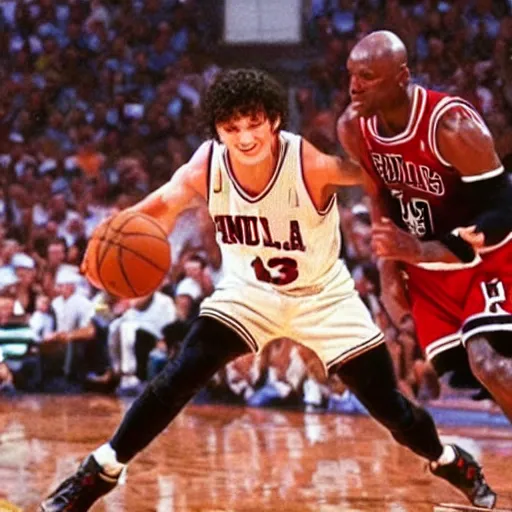 Image similar to frodo baggins blocking michael jordan, nba