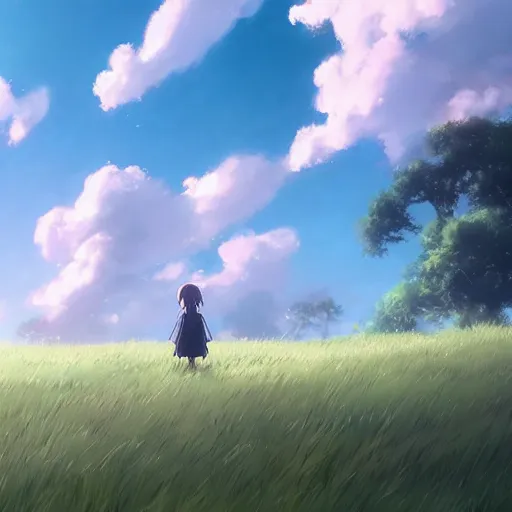 Prompt: a cute fantasy creature in a field with clouds in the sky by Makoto Shinkai