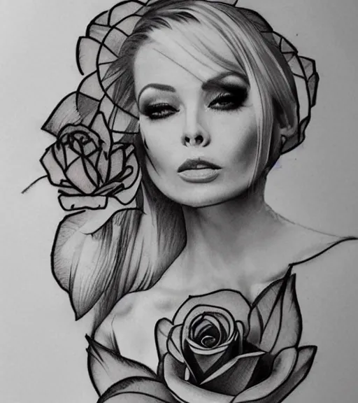 Image similar to double exposure tattoo design sketch of isabelledeltore with beautiful roses, realism tattoo, in the style of matteo pasqualin, amazing detail, sharp