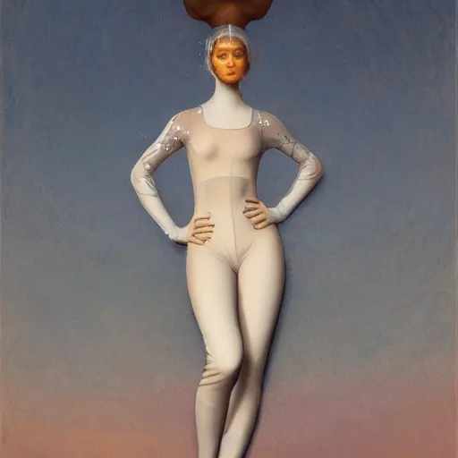 Image similar to full body portrait of a beautiful woman with a perfect face and body wearing a transparent plastic skin tight jumpsuit with circular cutouts, Edgar Maxence and Ross Tran and Michael Whelan and Gustav Klimpt