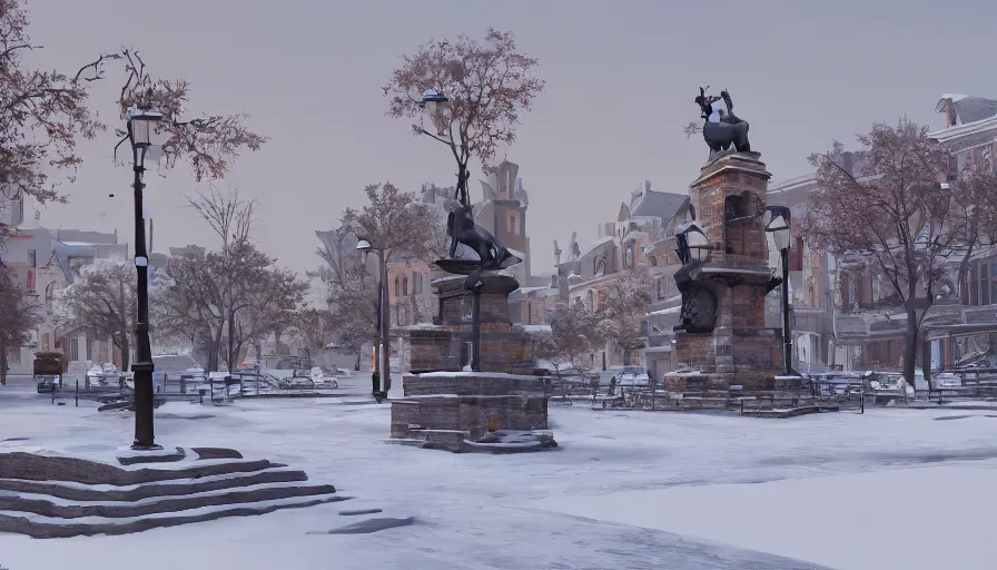 Image similar to small midwest town's square with statue under snow, winter, snow dunes, hyperdetailed, artstation, cgsociety, 8 k