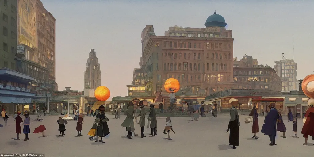 Image similar to A large radiant spherical object lights up an immense city square, dieselpunk, by Studio Ghibli and Edward Hopper