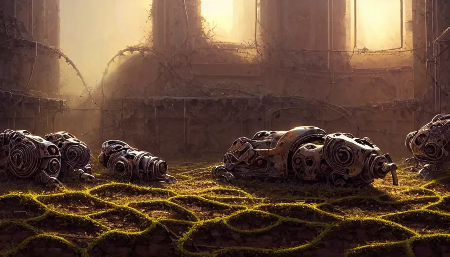 Prompt: dead robots in ancient sci - fi ruins, gray wasteland, rusted junk, rubble, pillars, flowers, vines, hyperrealistic, highly detailed, cinematic, single ray of golden sunlight, beautiful, cgssociety, artstation, 8 k, oil painting by greg rutkowski, by artgerm, by wlop