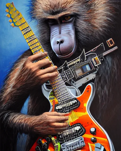 Image similar to a portrait of an anthropomorphic cyberpunk baboon shredding an electric guitar by sandra chevrier, by jon foster, detailed render, tape deck, epic composition, cybernetics, 4 k realistic, cryengine, realistic shaded lighting, sharp focus, masterpiece, by enki bilal