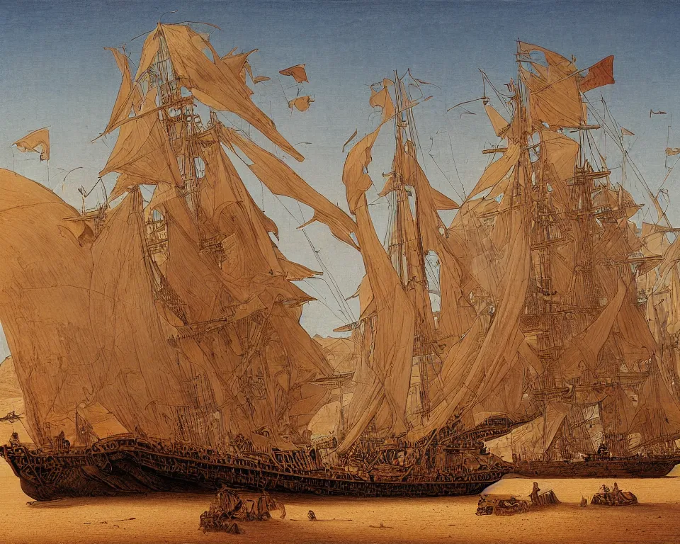 Prompt: a massive pirate ship sailing on the sands of the Sahara desert, heading towards an oasis. intricate, vibrant, blowing sands, Raphael, Hasui Kwase, Rene Margritte, John Martin.